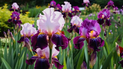 Vibrant blooming Siberian irises in shades of purple and pink against lush green foliage in a floral garden perfect for posters and banners