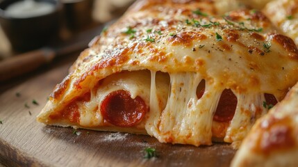 Delicious cheesy pepperoni calzone with gooey melted cheese, freshly baked and served on a wooden board.