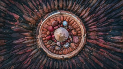 Obraz premium Circular arrangement of colorful stones and pebbles radiating from a central larger stone on a textured dark rock surface, showcasing natural patterns.