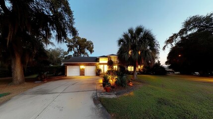 Evening house exterior, suburban, Florida, illuminated, driveway, tranquil