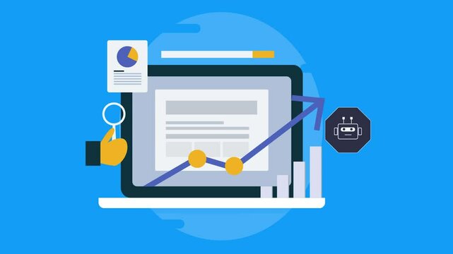 Business using AI chatbot service technology to increase website visitors and conversion growth strategy, magnifier analysing sales report.