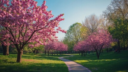 Naklejka premium Springtime park path with cherry blossoms