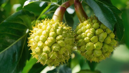 Cluster of vibrant green Bael fruits surrounded by lush leaves; close-up view highlighting their unique texture and spiky appearance.
