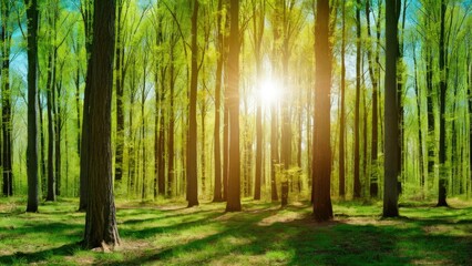 Fototapeta premium Sunlit spring forest with vibrant green trees, golden sunlight streaming through trunks, lush grass creating a serene natural panorama.