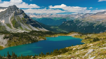 Breathtaking valley with clear blue lake and mountains under a vibrant blue sky, featuring lush green vegetation and rocky terrain in foreground.