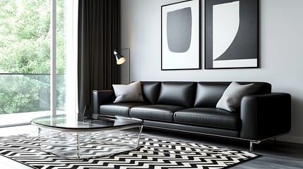 Elegant Living Room Interior with Modern Black Sofa and Stylish Decor