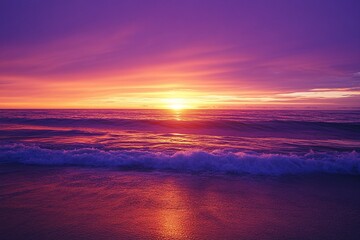 Vivid Sunset Ocean Waves with Purple and Orange Sky Reflecting on Calm Beach Shoreline