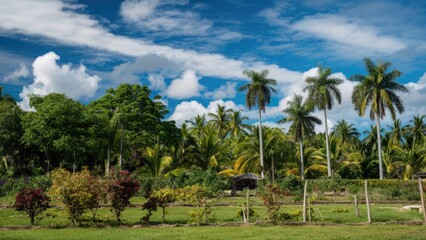 Obraz premium Lush tropical landscape with vibrant green palm trees and colorful shrubs under a bright blue sky with scattered clouds in a serene garden setting