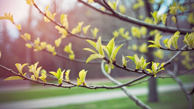 Fresh green leaves on tree branches against a softly blurred pastel spring background with gentle sunlight illuminating the scene.