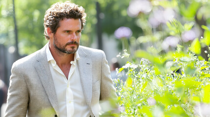 Man in suit walks garden, city background, professional portrait