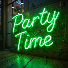 Text 'Party Time" green neon color glowing light on dark night city realistic. 