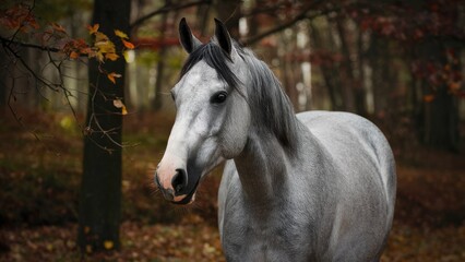 Obraz premium Elegant gray horse standing proudly in a serene autumn forest with orange and yellow leaves, soft focus background highlights natural beauty.