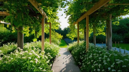 Lush garden path framed by vibrant greenery and blooming white flowers under bright sunlight creating a serene and inviting atmosphere