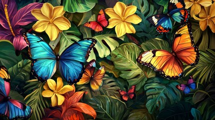 Fototapeta premium Vibrant Tropical Butterfly Scene with Colorful Flowers and Lush Green Foliage in a Lively Natural Setting