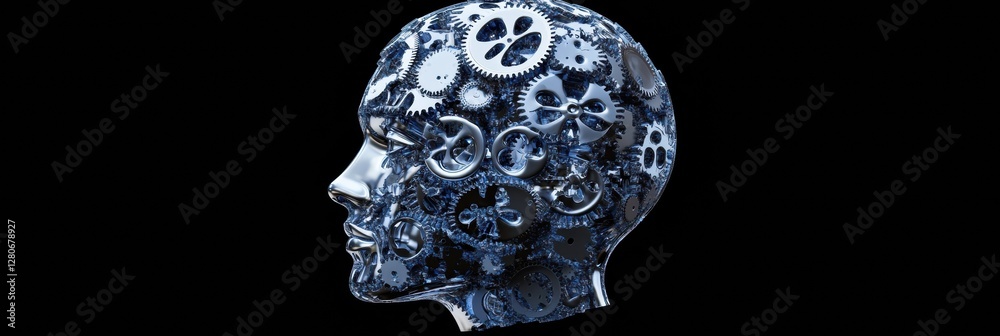 Leinwandbilder Human head contour filled with interlocking gears and cogs illustrating the concept of artificial intelligence and its complexities. Generative AI