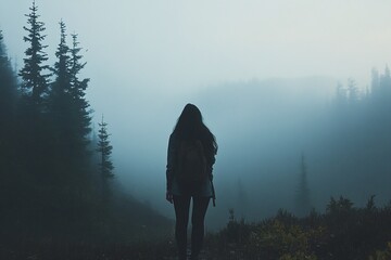 Silhouette of Woman in Forested Meadow with Foggy Blue Morning Sky and Tall Evergreen Trees