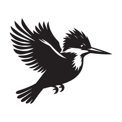 Kingfisher bird Silhouette Vector Illustration, Solid White Background.
