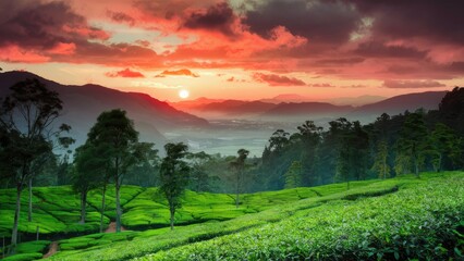 Obraz premium Vibrant sunset over lush green tea gardens with rolling hills and dramatic sky hues of orange and pink illuminating a serene landscape.