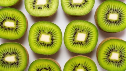 Fototapeta premium Fresh sliced kiwi fruit arranged in a grid pattern with vibrant green flesh and black seeds set against a clean white background.