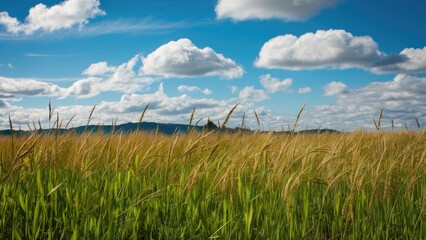 Lush green grass field with golden tips under a bright blue sky dotted with fluffy white clouds and distant mountains in the background.