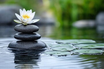 Fototapeta premium White Lotus Flower on Zen Black Stones in Calm Water with Green Lilypad Background Reflecting Serenity