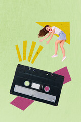 Trend image vertical photo collage of astonished girl fly retro tape music occasion record meloman...