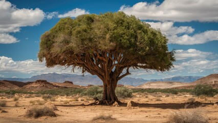 Fototapeta premium Lone lush green tree with wide canopy centered in arid desert landscape under blue sky with fluffy white clouds mountains in background