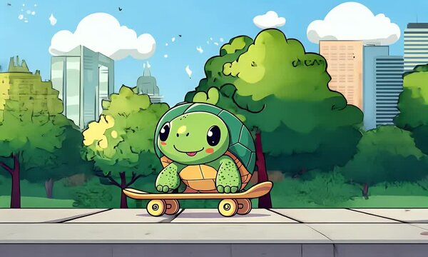 Cartoon turtle skateboarding city park
