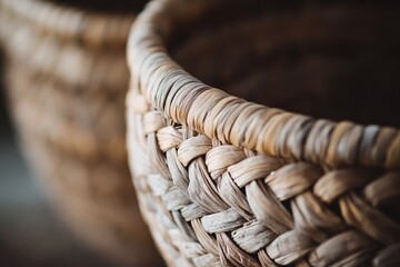 Obraz premium Closeup of Handwoven Natural Straw Basket with Textured Brown Beige Fibers in Soft Light