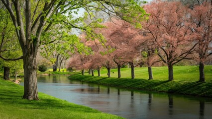 Serene river scene with vibrant green grass and blooming pink trees along the water's edge, showcasing spring's beauty and tranquility.