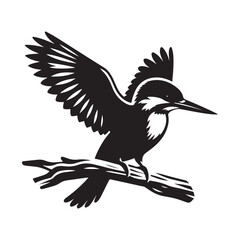Kingfisher bird Silhouette Vector Illustration, Solid White Background.