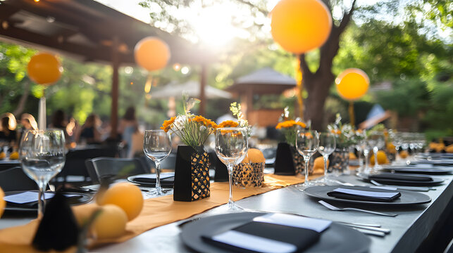 Outdoor graduation party with festive decorations, featuring yellow balloons, elegant table settings, and floral centerpieces under sunny sky