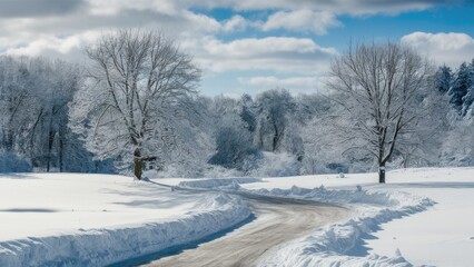 Obraz premium Winter landscape with snow-covered road winding through trees on a bright chilly day featuring white snow and blue skies with fluffy clouds.