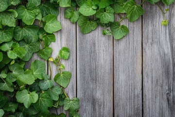 Lush Green Ivy Leaves Growing On Weathered Wooden Plank Background For Nature And Gardening Themes