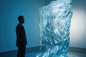 A man in a suit observes a large, abstract blue glass sculpture resembling a glacial formation.