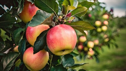 Juicy pink pearl apples on a tree branch, featuring vibrant red and green hues, with lush green leaves and a soft-focus orchard background.
