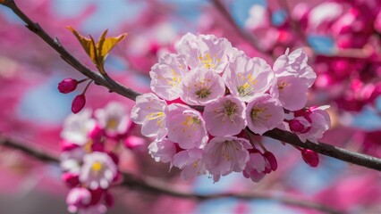 Delicate pink cherry blossoms bloom on a slender branch against a soft blue sky, showcasing vibrant pink buds and a serene spring atmosphere.