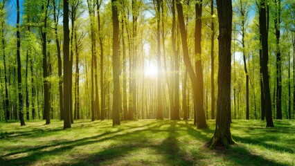 Fototapeta premium Lush green forest panorama bathed in bright sunlight with tall trees casting soft shadows on the vibrant grassy floor under a clear blue sky.