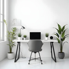 Modern minimal office and living room interior with furniture, table, chairs, and decor
