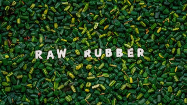 Green rubber pellets scattered on the ground with white letters spelling Raw Rubber positioned centrally against a vibrant green background.