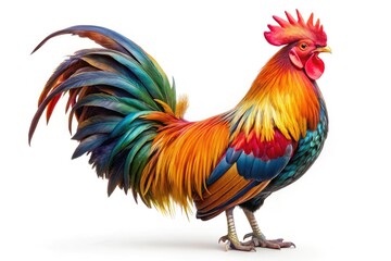 Fototapeta premium High-resolution image: A lone bantam rooster crows against a stark white background.