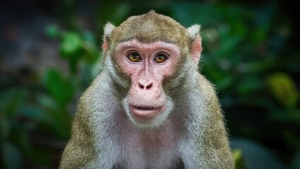 Fototapeta premium Detailed close-up of a monkey's face with warm brown fur, large expressive eyes, set against a blurred green foliage background.