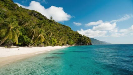 Fototapeta premium Serene tropical beach with palm trees on lush green hills, crystal clear turquoise waters under a bright blue sky with fluffy white clouds.
