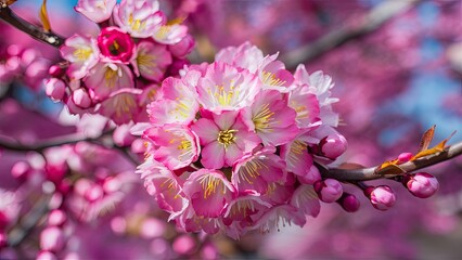 Delicate pink blossoms with white tips and yellow accents cluster on a branch against a blurred soft pink background in springtime sunlight.