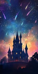 Fototapeta premium Majestic Fairy Tale Castle Silhouette Against Vibrant Starry Night Sky with Shooting Stars