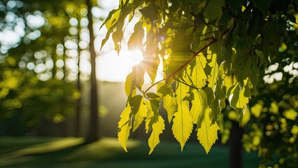 Obraz premium Sunlight filtering through vibrant green leaves with golden bokeh effects in soft focus at the background creating a serene natural ambiance