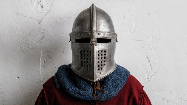 Detailed shot of a Maximilian-style medieval knight armet helmet in silver, positioned centrally against a white textured backdrop with a blue cloak.