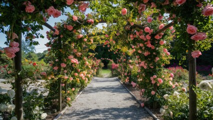 Lush rose garden pathway framed by blooming pink roses under a bright blue sky with vibrant greenery on either side creating a serene ambiance