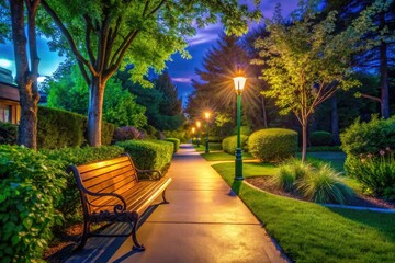 Fototapeta premium Serene suburban night: bench, trees, nocturnal stillness captured.