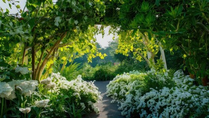Lush green foliage arching over a path with blooming white flowers on a sunny day creating a vibrant garden atmosphere in natural light